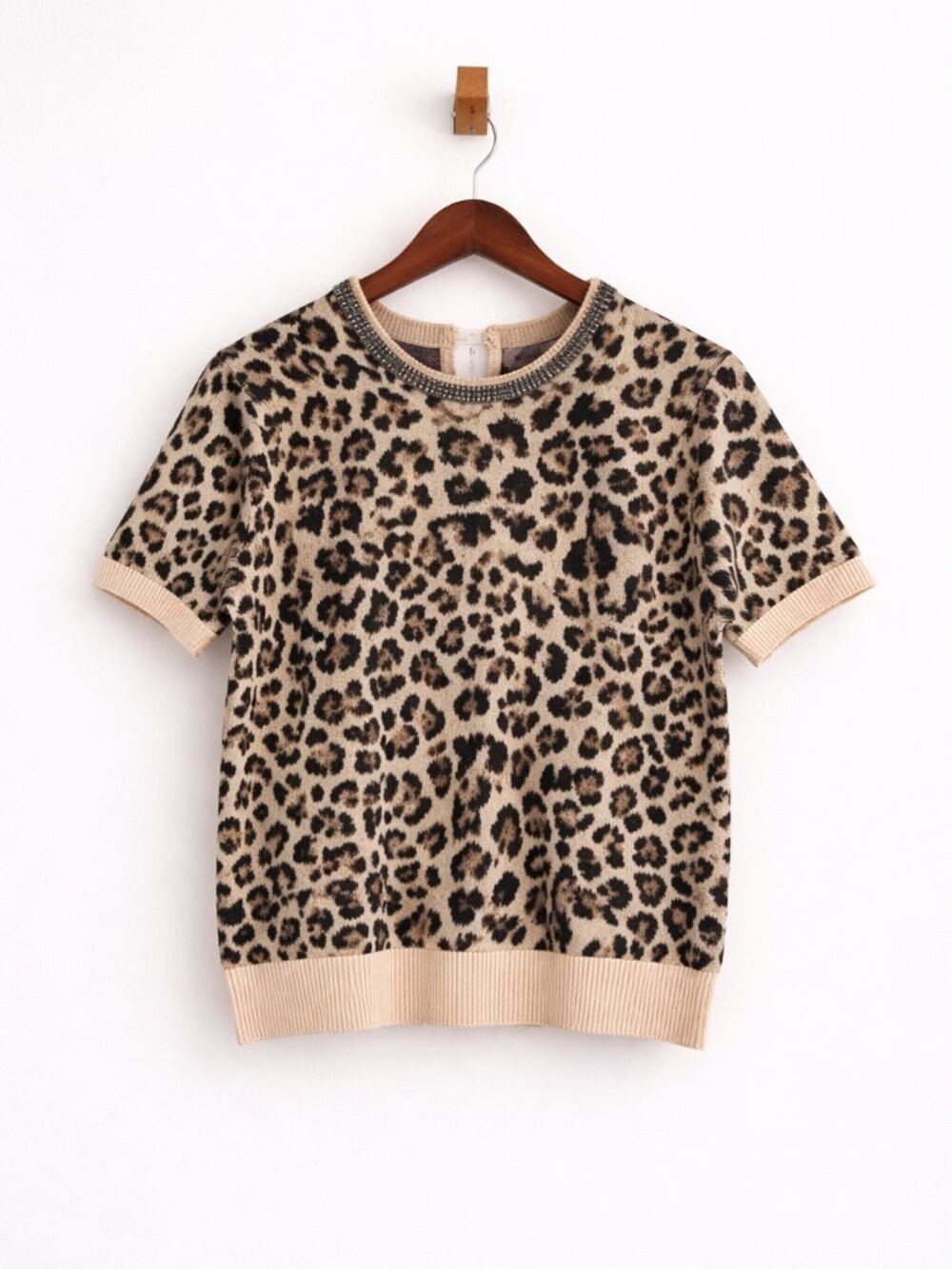 Philosophy Leopard Sweater | Beaded Neck Short Sleeve S/P - Picture 1 of 8